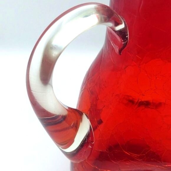 Vintage MCM Hand Blown Red Crackle Glass Pinched Pitcher Applied Clear Handle - Picture 9 of 11
